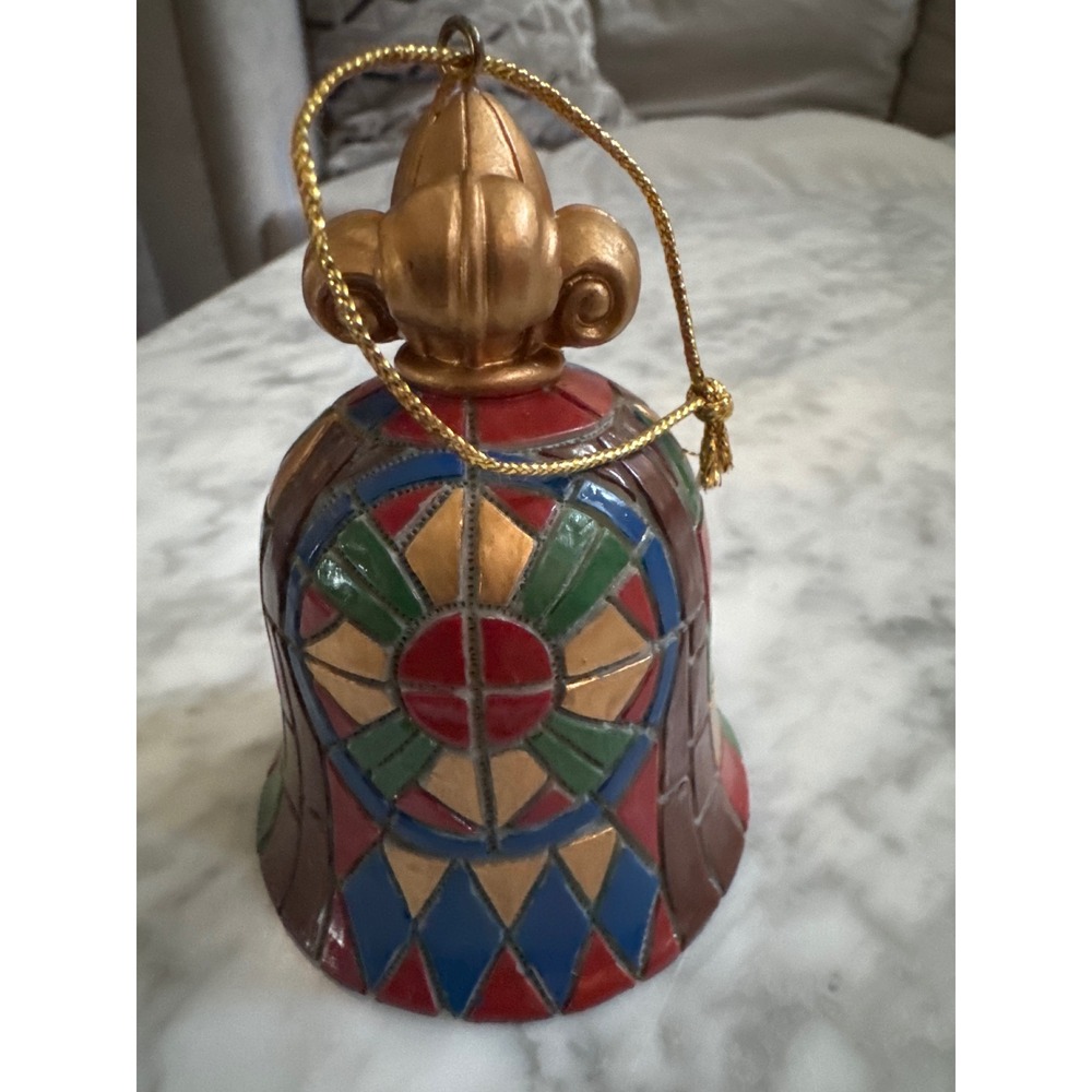 Roman Inc 1999 Stained Glass Mosaic Fleur-de-lis Bell Ornament Vintage Christmas